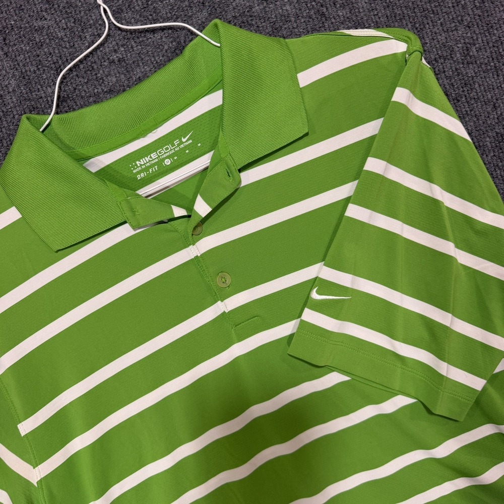 Nike Golf Polo Men size Medium Green Striped Dri Fit Golf Performace Lightweight